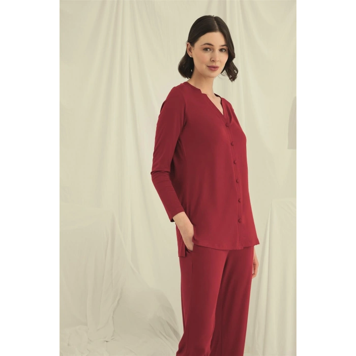 HERŞEYTREND  Uzun Kollu Boydan Düğmeli V Yaka Pijama Takımı