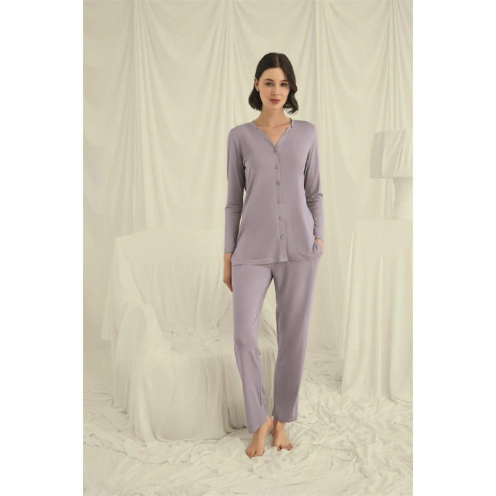 HERŞEYTREND  Uzun Kollu Boydan Düğmeli V Yaka Pijama Takımı