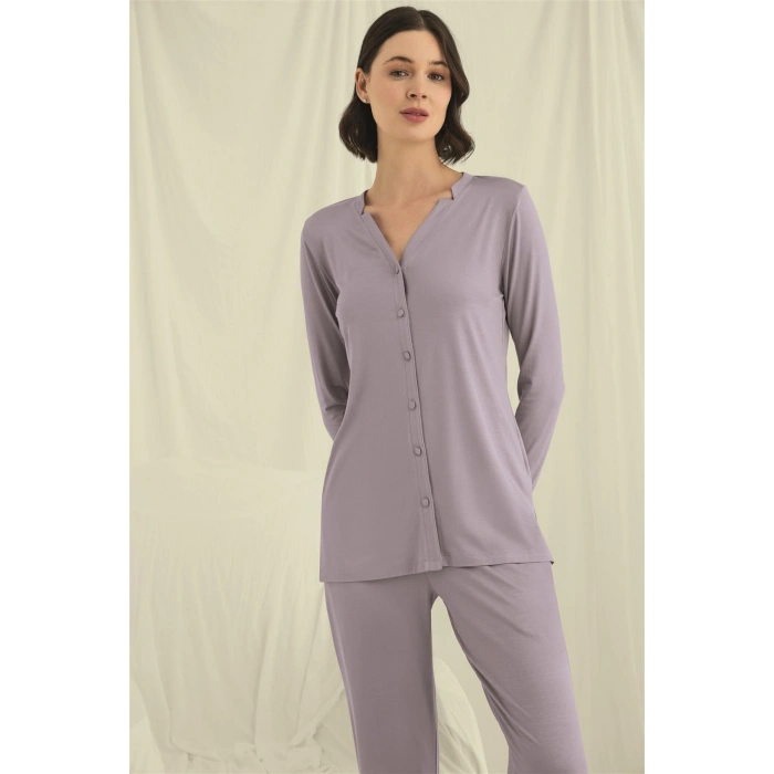 HERŞEYTREND  Uzun Kollu Boydan Düğmeli V Yaka Pijama Takımı