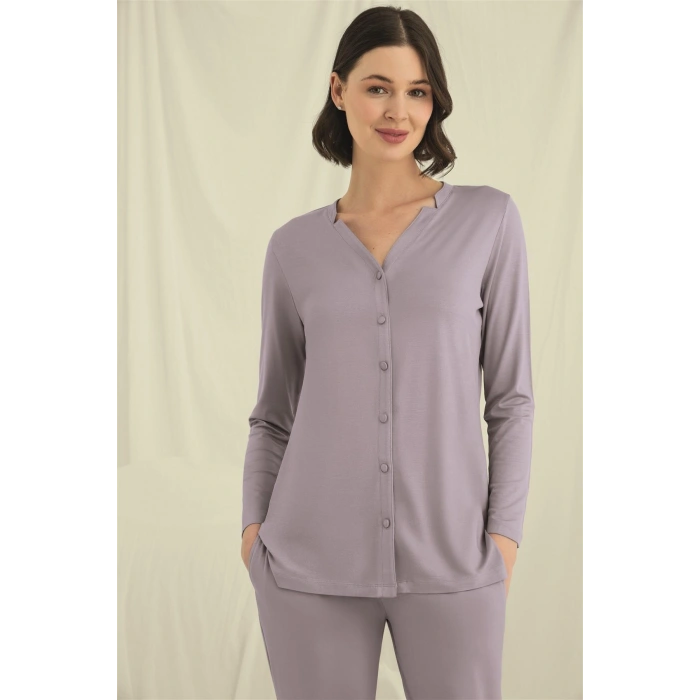 HERŞEYTREND  Uzun Kollu Boydan Düğmeli V Yaka Pijama Takımı