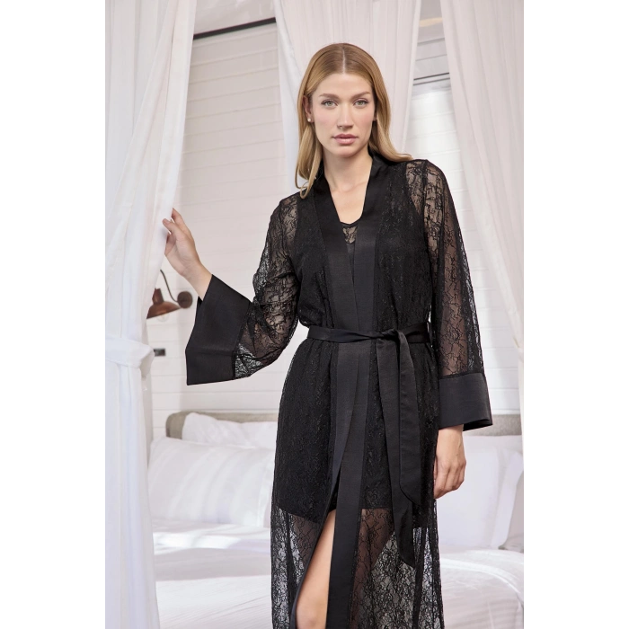 HERŞEYTREND  Uzun Kollu Dantelli ve Kuşaklı Sabahlık