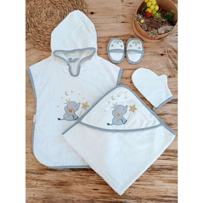 LitaeTrend 0-1 Yaş Sevimli Fil Nakışlı Pareolu 4lü Kız Erkek Bebek Havlu Silgi Takımı Ekru