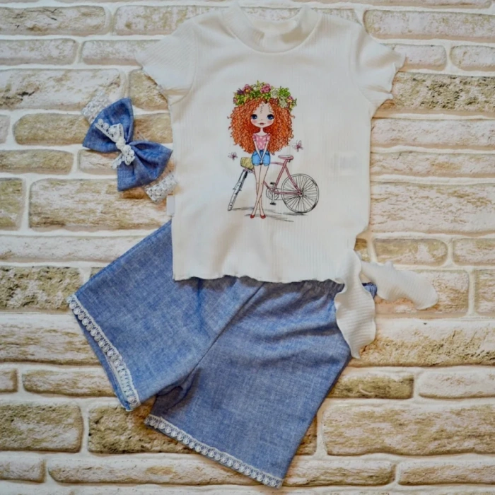 LitaeTrend 1-2-3 Yaş Bisikletli Kız Baskılı Bandanalı Kot Desenli Şort Kısa Kollu Tişört 3lü Kız Bebek Takımı Mavi