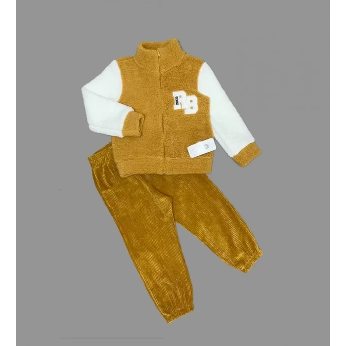 LitaeTrend 1-2-3 Yaş Kuzu Kumaş Fermuarlı Sweat Kadife Pantolonlu Uzun Kollu Kız Erkek Çocuk 2li Takım Hardal