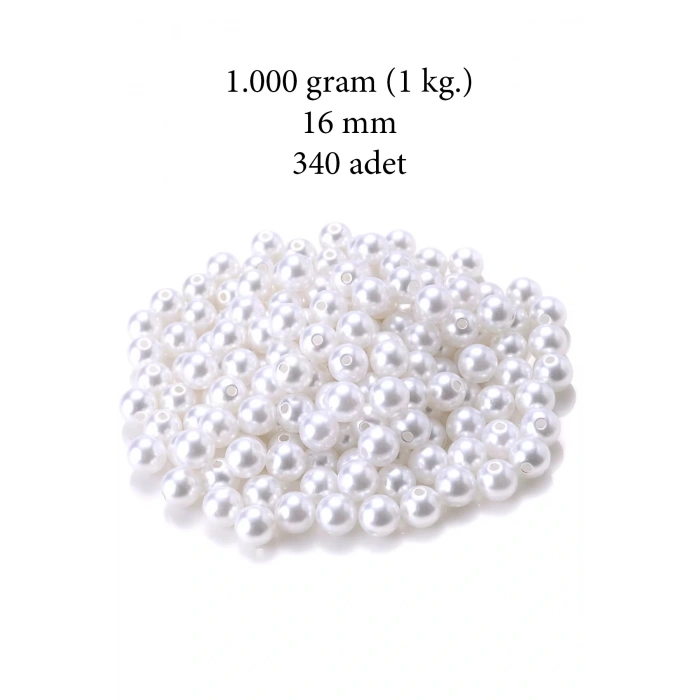 LitaeTrend 1.000 gram (1 kg.) 16mm Beyaz Renk Plastik İnci Boncuk Çanta ve Takı Yapım Boncuğu (~340 adet)