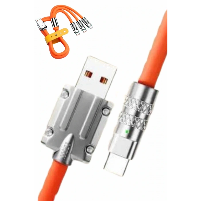 LitaeTrend 120W Silikon Metal Uçlu LED Işıklı 3 In1 Şarj Kablosu 1.2m