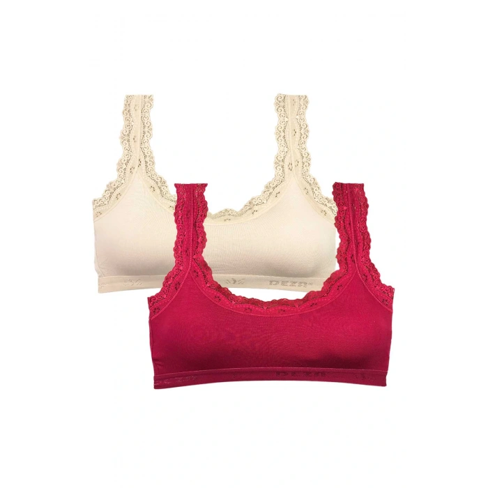 HERŞEYTREND 2 Adet Dantel Nakış İşlemeli Pedli Bambu Kadın Büstiyer Krem Bordo
