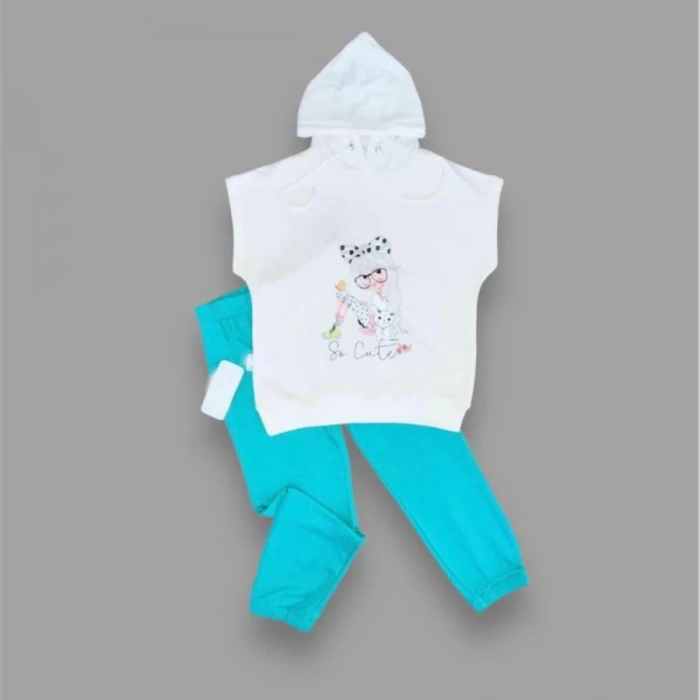 LitaeTrend 3-4-5 Yaş Kapşonlu Sevimli Kız Baskılı Kısa Kolu 2li Kız Erkek Çocuk Takımı Turkuaz