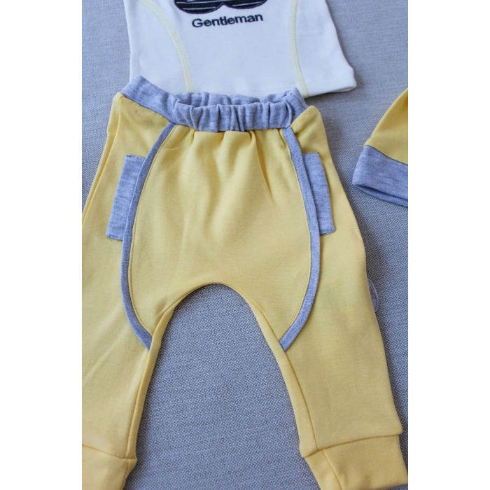 LitaeTrend 3-6 6-9 9-12 Ay Gentleman Erkek Nakışlı Şapkalı Uzun Kollu Sweat 3lü Erkek Bebek Takımı Sarı