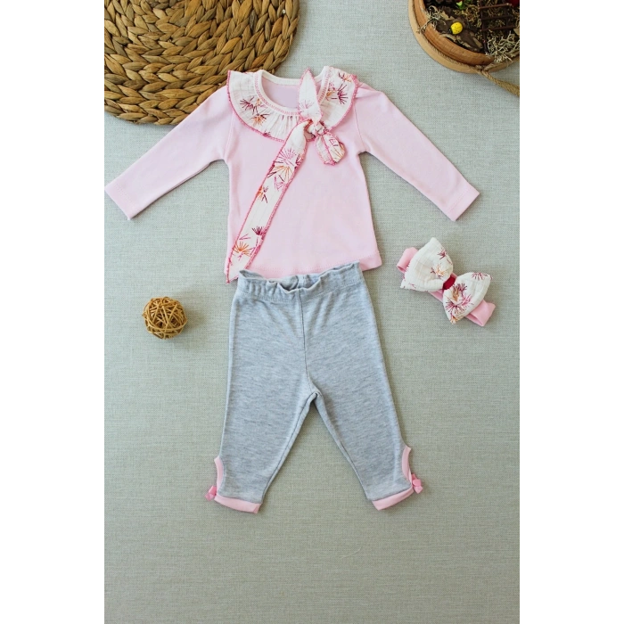 LitaeTrend 3-6 6-9 9-12 Ay Matmazel Yaka Fırfır Detaylı Bandanalı Uzun Kollu Sweat 3lü Kız Bebek Takımı Pembe