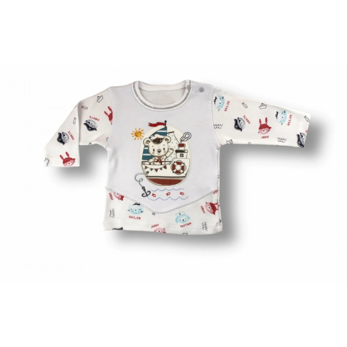 LitaeTrend 3-6 6-9 9-12 Ay Minik Korsan Nakışlı Şapkalı Uzun Kollu Sweatli 3lü Kız-erkek Bebek Takımı Ekru