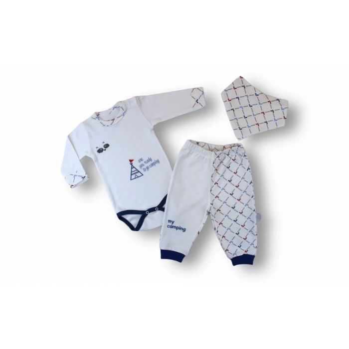 LitaeTrend 3-6 6-9 9-12 Ay My Camping Nakışlı Bandajlı Uzun Kollu Zıbınlı 3lü Erkek Bebek Takımı Ekru