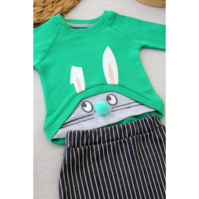 LitaeTrend 3-6 6-9 9-12 Ay Şımarık Tavşan Nakışlı Şapkalı Uzun Kollu Sweat 3lü Kız-erkek Bebek Takımı Yeşil