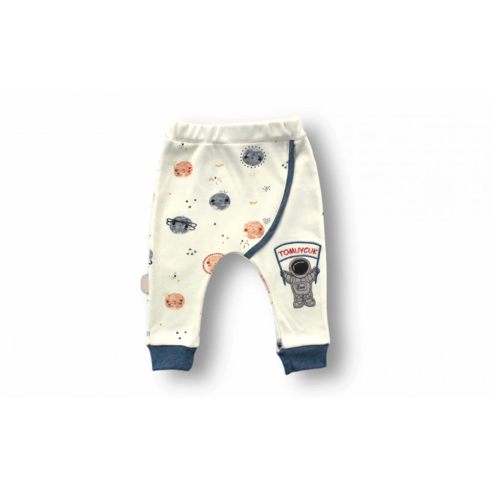 LitaeTrend 3-6 6-9 9-12 Ay Şirin Kozmonot Nakışlı Şapkalı Uzun Kollu Sweatli 3lü Kız-erkek Bebek Takımı Ekru