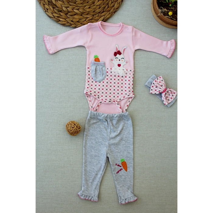 LitaeTrend 3-6 9-12 12-18 Ay Havuç Tavşan Nakışlı Bandanalı Uzun Kollu Zıbınlı 3lü Kız Bebek Tak Pembe