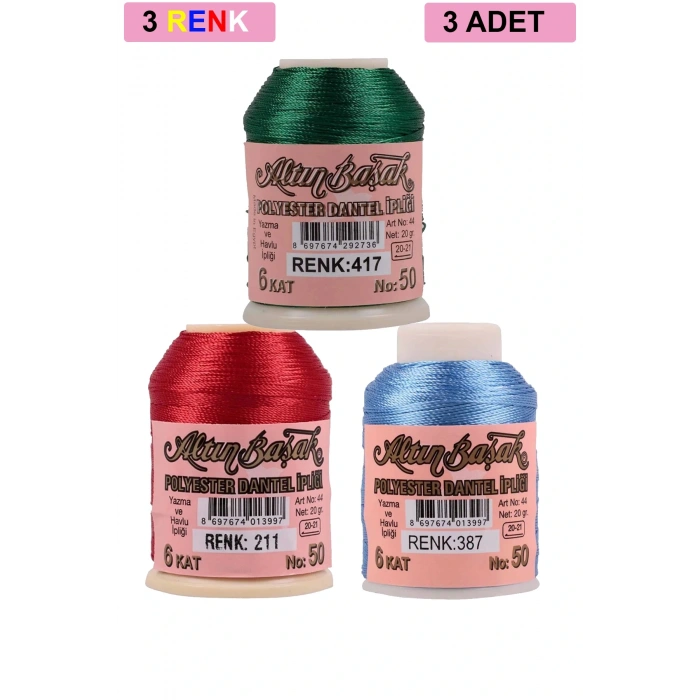 LitaeTrend 3 Adet Altınbaşak Oya ve Dantel İpi 20 gr - Royaleks - No: 211 - 387 - 417