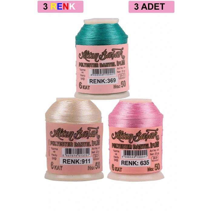 LitaeTrend 3 Adet Altınbaşak Oya ve Dantel İpi 20 gr - Royaleks - No: 911 - 635 - 369