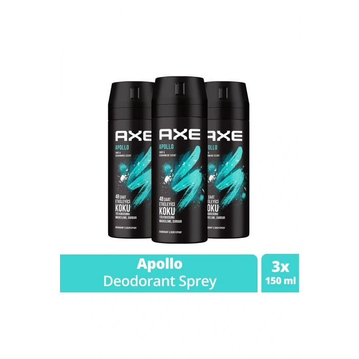 LitaeTrend 3 Adet Axe Erkek Sprey Deodorant Apollo 48 Saat Etkileyici Koku Vücut Spreyi 150 ml