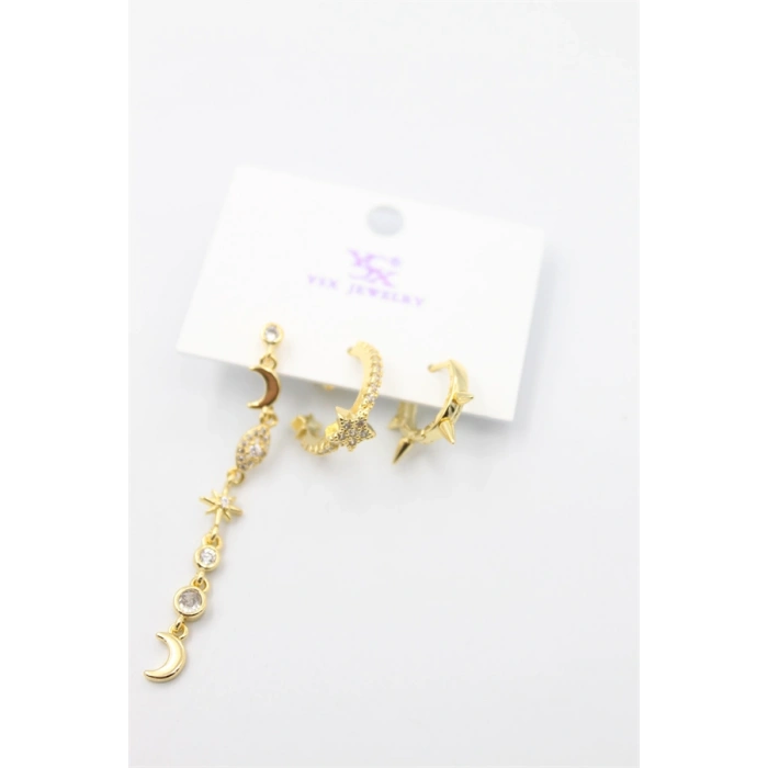 HERŞEYTREND 3lü Ay Yıldız Küpe - Altın