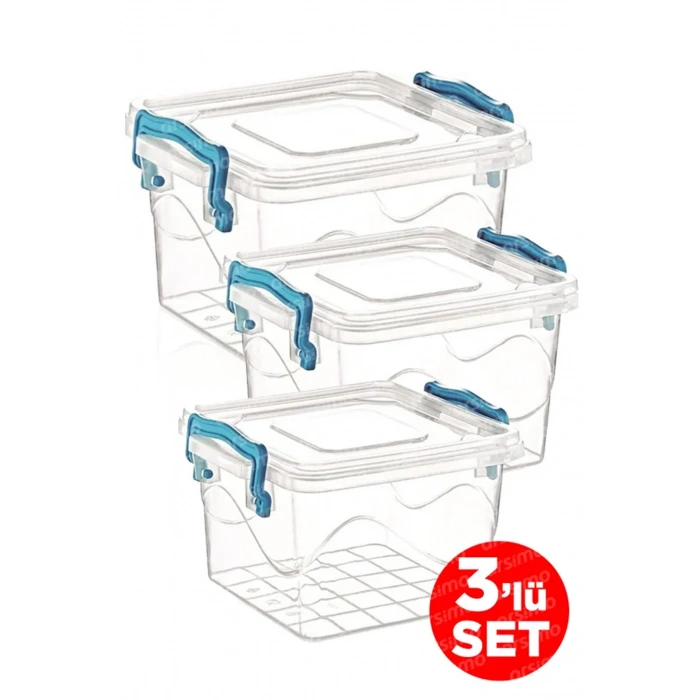 LitaeTrend 3lü Kare Kelepçeli Şeffaf Saklama Kabı Seti | Kapaklı Saklama Kabı Set 2.4 Lt - 1.2 Lt - 550 Ml Royaleks-82111