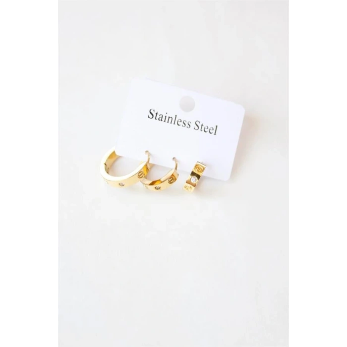 LitaeTrend 3lü Taşlı Çelik Halka Küpe - Altın