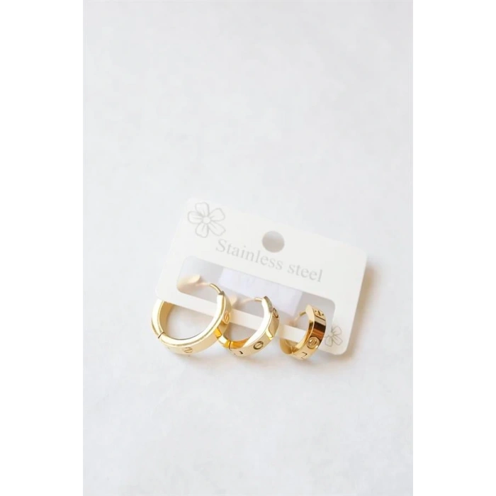 LitaeTrend 3lü Taşsız Çelik Halka Küpe - Altın