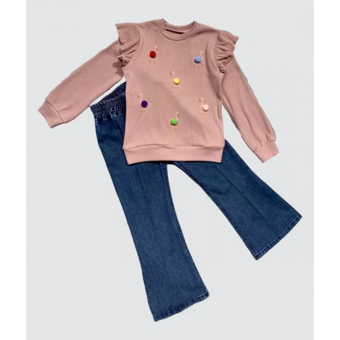 LitaeTrend 4-5-6 Yaş Kot Pantolonlu Flamingo Desenli Penye Sweat Uzun Kollu 2li Kız Çocuk Takımı Gül Kurusu