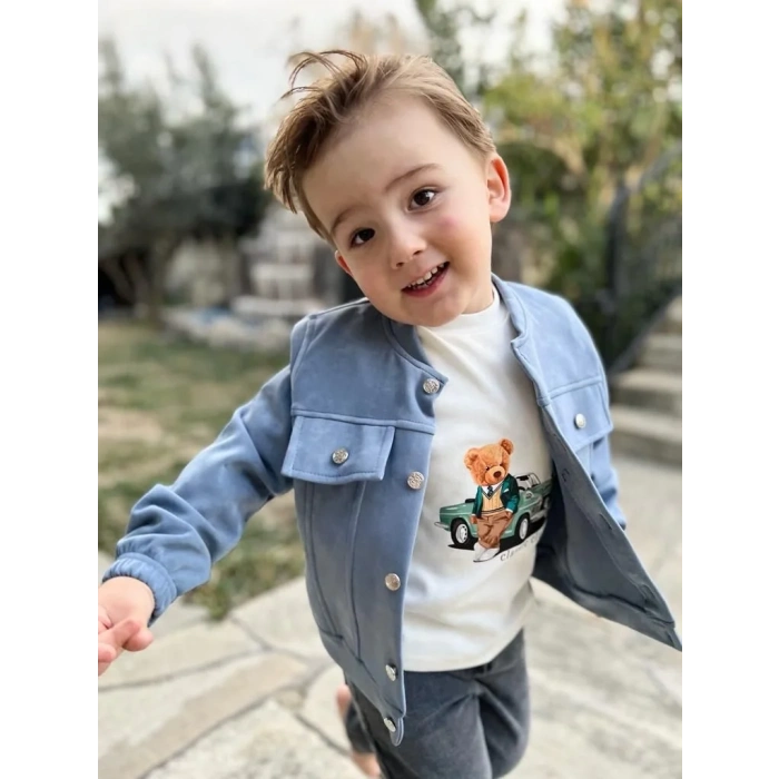 LitaeTrend 4-5-6 Yaş Kot Pantolonlu Nubukceketli Uzun Kollu Penye Sweat 3lü Erkek Çocuk Takımı Yeşil