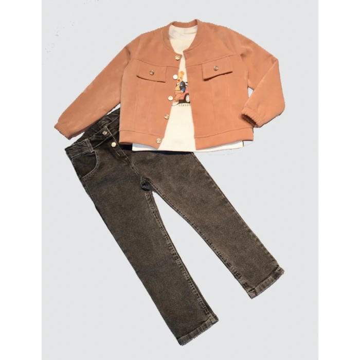 LitaeTrend 4-5-6 Yaş Kot Pantolonlu Nubukceketli Uzun Kollu Penye Sweat 3lü Erkek Çocuk Takımı Kiremit