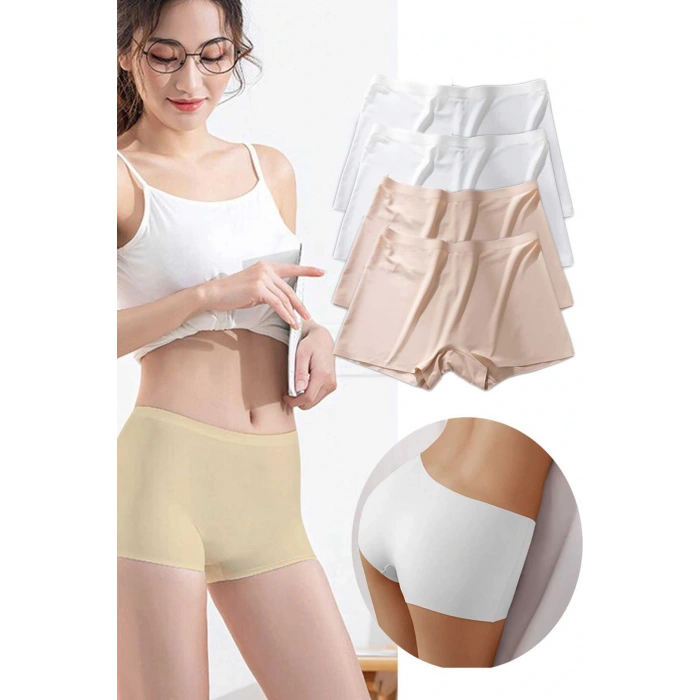 LitaeTrend 4 Adet Kadın Dikişsiz Görünmez İz Yapmaz Mini Şort Boxer Beyaz Ten