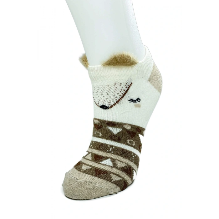 LitaeTrend 4 Çift Yumuşak Ponpon 3 Boyut Kulaklı Desenli Pamuklu Kadın Bilek çorap