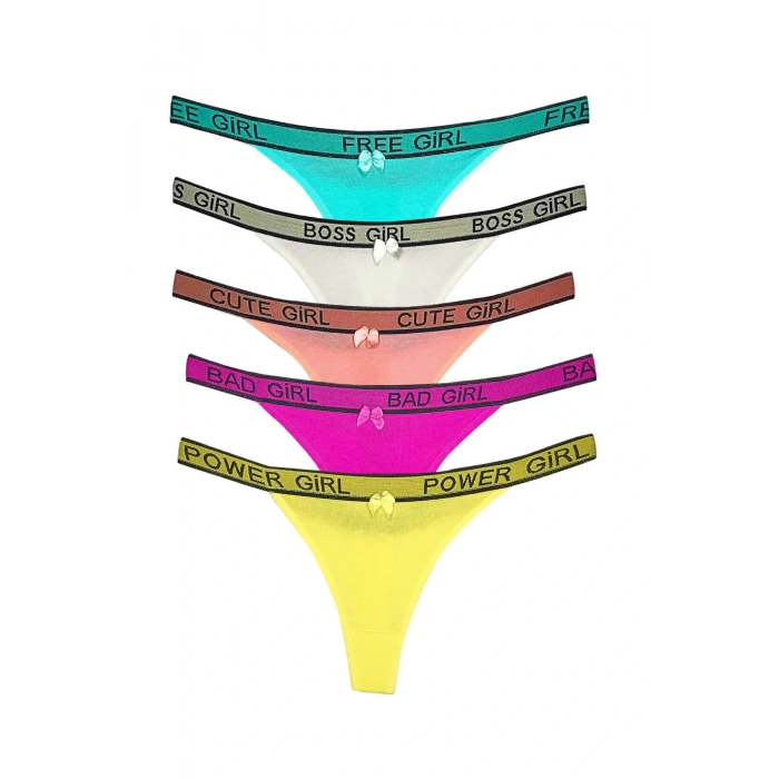 LitaeTrend 5 Adet Beli Yazılı Pamuk Kadın Tanga String Külot