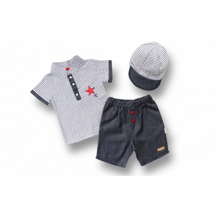 LitaeTrend 6-9 9-12 12-18 Ay Vip Yaka Şapkalı Kısa Kollu Sweat 3lü Erkek Bebek Takımı Gri