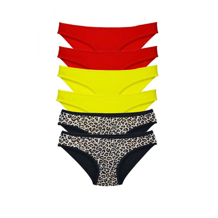 LitaeTrend 6 Adet Likralı Kadın Slip Külot Leopar Kırmızı Sarı
