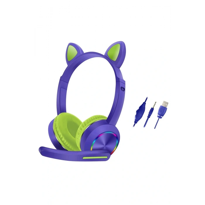 LitaeTrend AKZ020 Kafa Üstü Işıklı Kedi Kulaklık - Mor