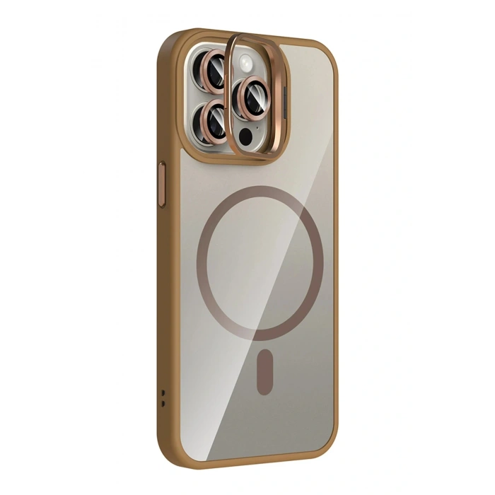 LitaeTrend Apple iPhone 14 Pro Max Remim Lensli Magsafe Standlı Kapak - Kahverengi