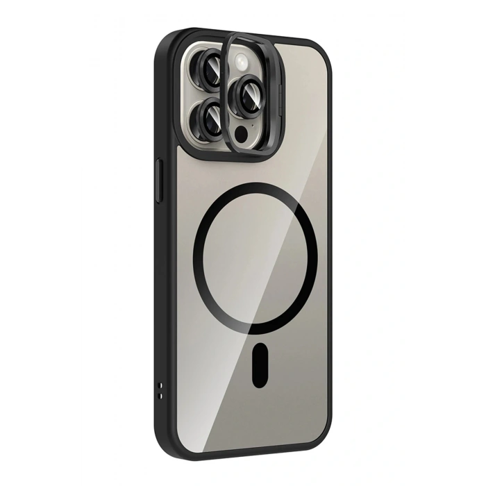 LitaeTrend Apple iPhone 14 Pro Max Remim Lensli Magsafe Standlı Kapak - Siyah