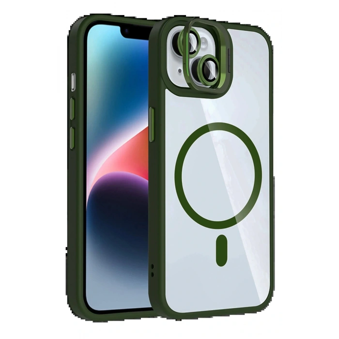 LitaeTrend Apple iPhone 14 Remim Lensli Magsafe Standlı Kapak - Koyu Yeşil