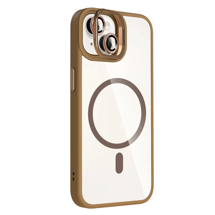 LitaeTrend Apple iPhone 15 Plus Remim Lensli Magsafe Standlı Kapak - Kahverengi