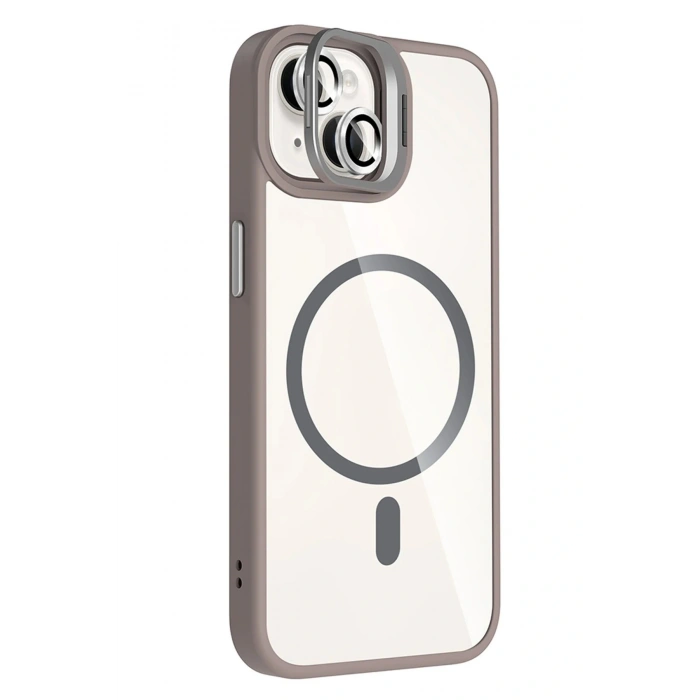 LitaeTrend Apple iPhone 15 Plus Remim Lensli Magsafe Standlı Kapak - Titan Gri