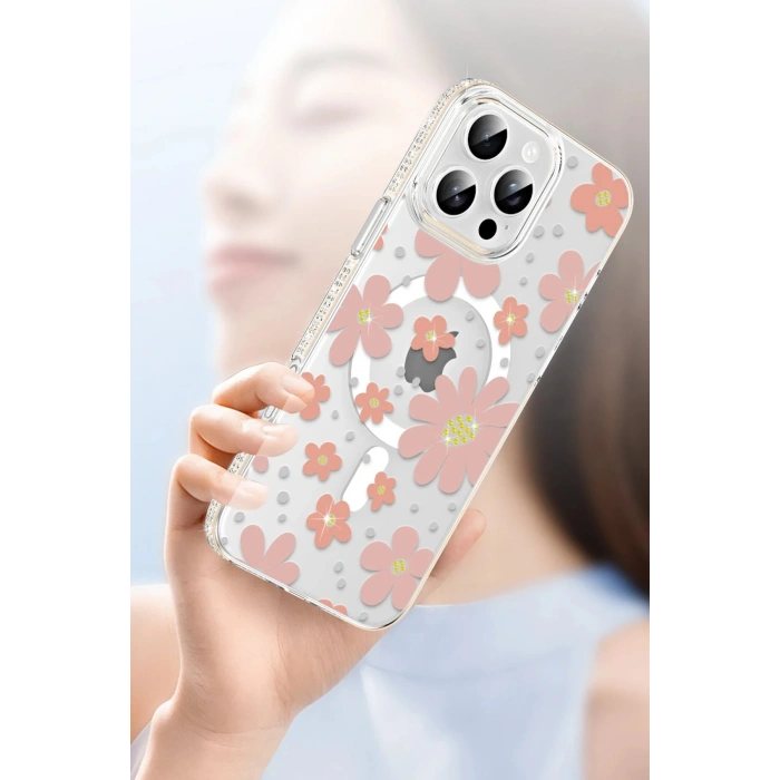 LitaeTrend Apple iPhone 15 Pro Floral Magsafe Kapak - Pembe