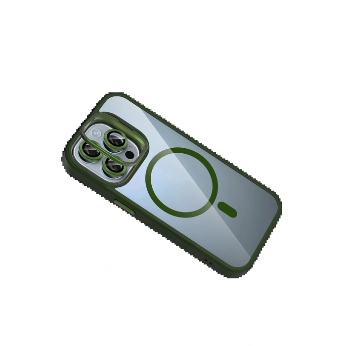 LitaeTrend Apple iPhone 15 Pro Max Remim Lensli Magsafe Standlı Kapak - Koyu Yeşil