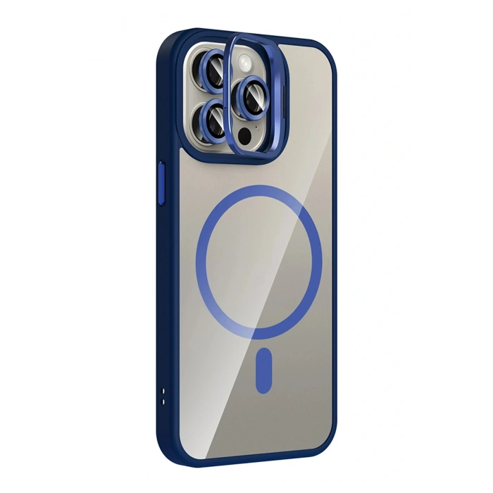 LitaeTrend Apple iPhone 15 Pro Max Remim Lensli Magsafe Standlı Kapak - Lacivert