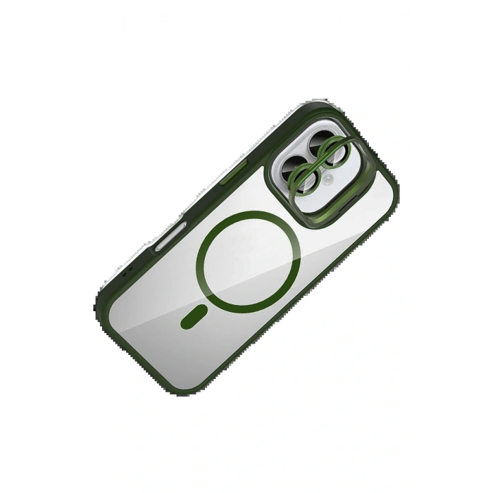 LitaeTrend Apple iPhone 16 Plus Remim Lensli Magsafe Standlı Kapak - Koyu Yeşil