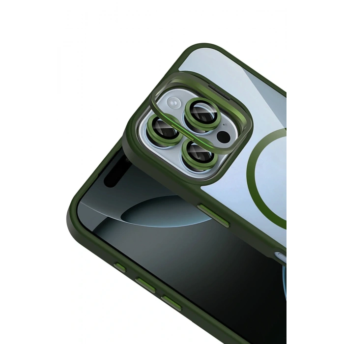 LitaeTrend Apple iPhone 16 Pro Remim Lensli Magsafe Standlı Kapak - Koyu Yeşil