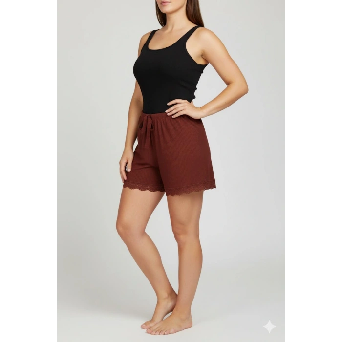 HERŞEYTREND Bambu Fitilli Kadın Ev Şortu Bacak Dantel Detaylı Ev Giyim Koyu Taba