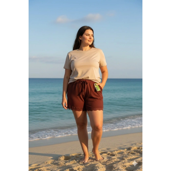 HERŞEYTREND Bambu Fitilli Kadın Ev Şortu Bacak Dantel Detaylı Ev Giyim Koyu Taba