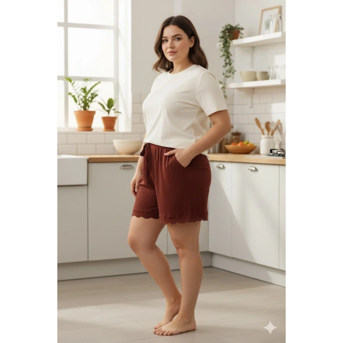 HERŞEYTREND Bambu Fitilli Kadın Ev Şortu Bacak Dantel Detaylı Ev Giyim Koyu Taba