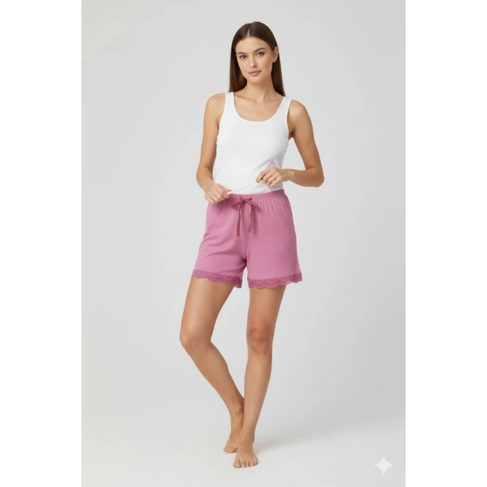 HERŞEYTREND Bambu Fitilli Kadın Ev Şortu Bacak Dantel Detaylı Ev Giyim Pembe