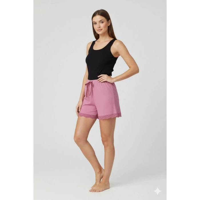 HERŞEYTREND Bambu Fitilli Kadın Ev Şortu Bacak Dantel Detaylı Ev Giyim Pembe